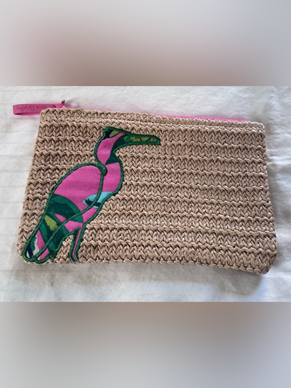 Vera Bradley Woven Straw Zip Pouch with Pink & Green Bird Appliqué